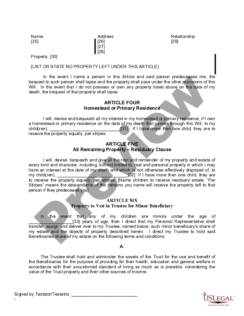 Preview Last Will and Testament for a Widow or Widower with Adult and Minor Children