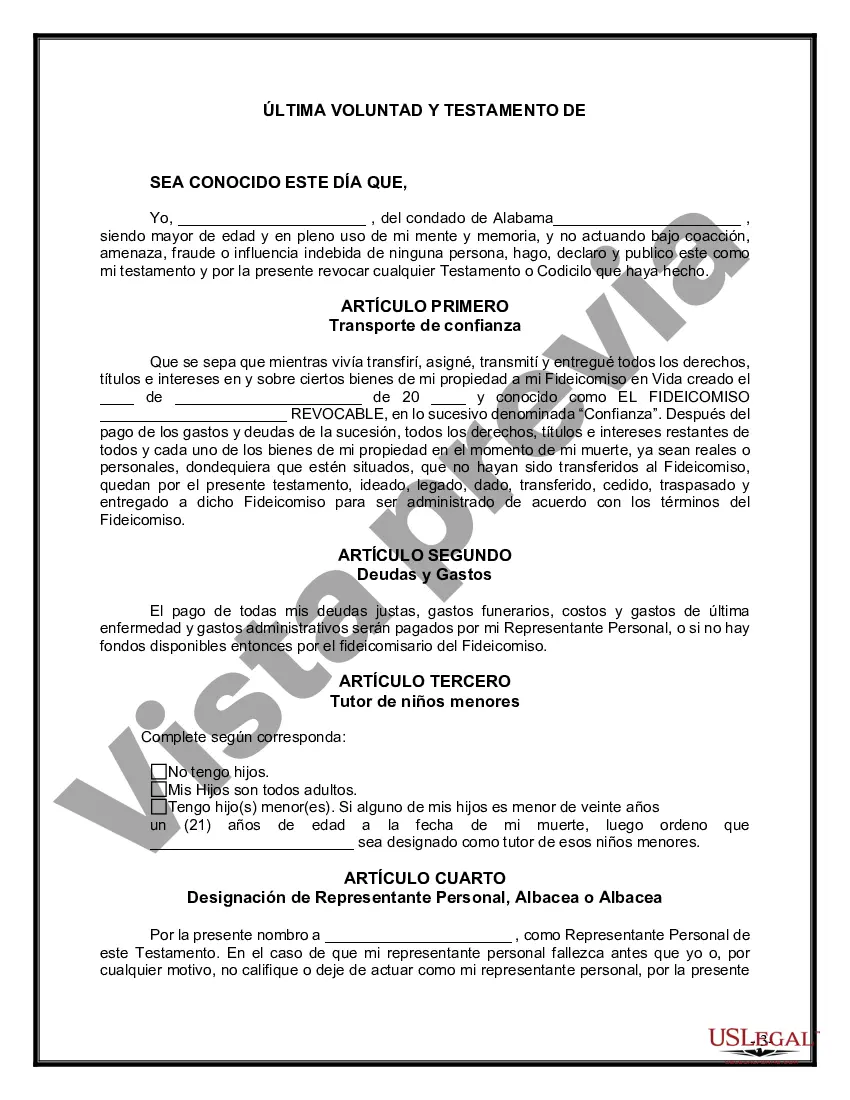 Preview Último testamento legal y formulario de testamento con todos los bienes en fideicomiso llamado testamento invertido