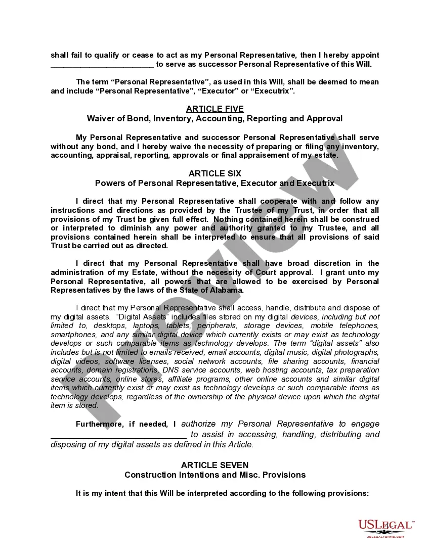 Preview Last Will and Testament with All Property to Trust called a Pour Over Will