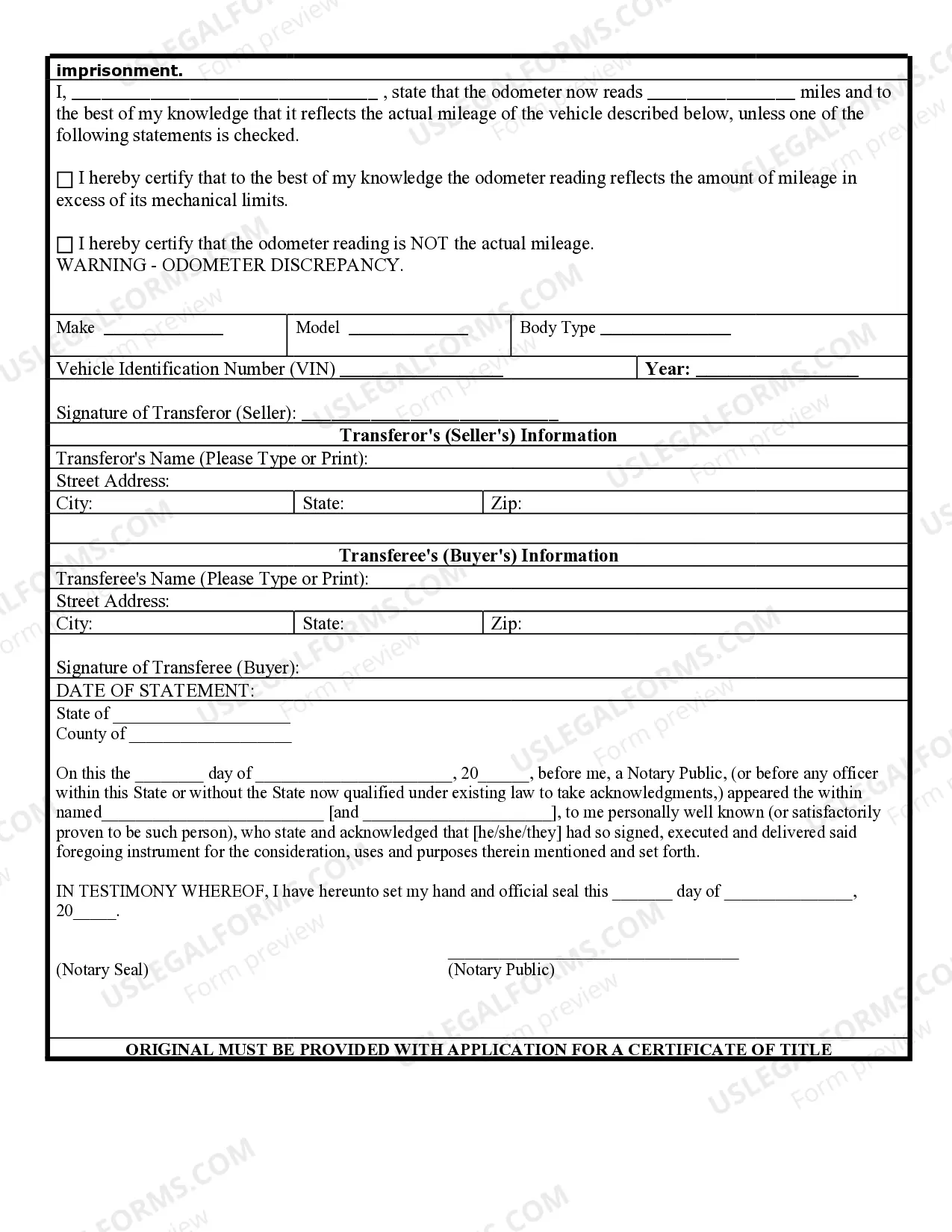 Preview Bill of Sale for Automobile or Vehicle including Odometer Statement and Promissory Note