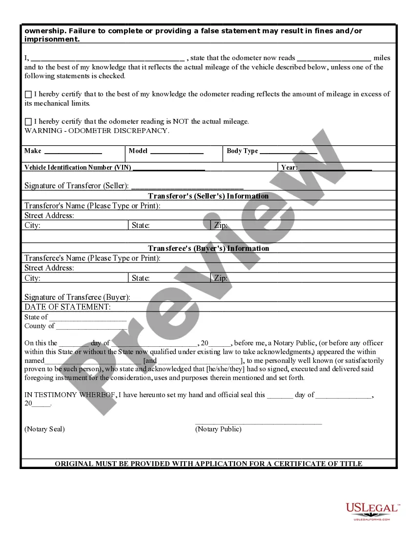 Get Bill of Sale of Automobile and Odometer Statement Preview Bill of Sale of Automobile and Odometer Statement