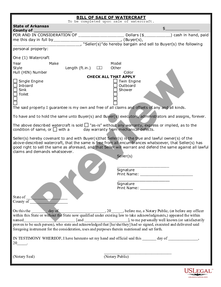 Arkansas Bill Of Sale For Watercraft Or Boat Arkansas Boat Bill Of Sale Us Legal Forms