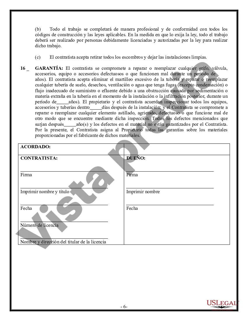 Preview Contrato de plomería para contratista