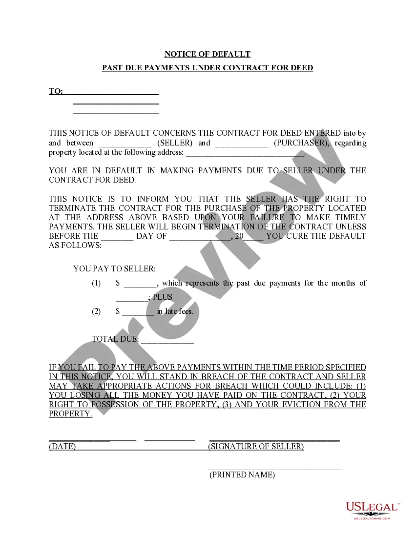Get Notice of Default for Past Due Payments in connection with Contract for Deed Preview Notice of Default for Past Due Payments in connection with Contract for Deed