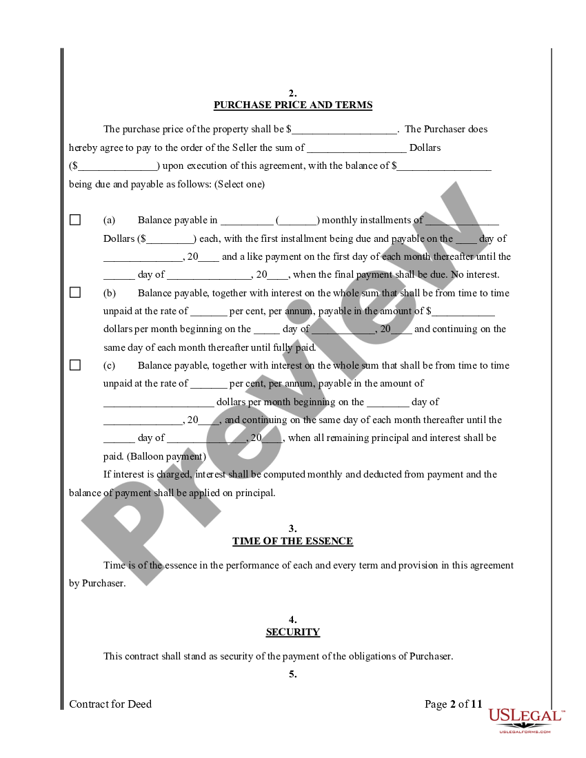 Arkansas Agreement Or Contract For Deed For Sale And Purchase Of Real Estate Aka Land Or 2816