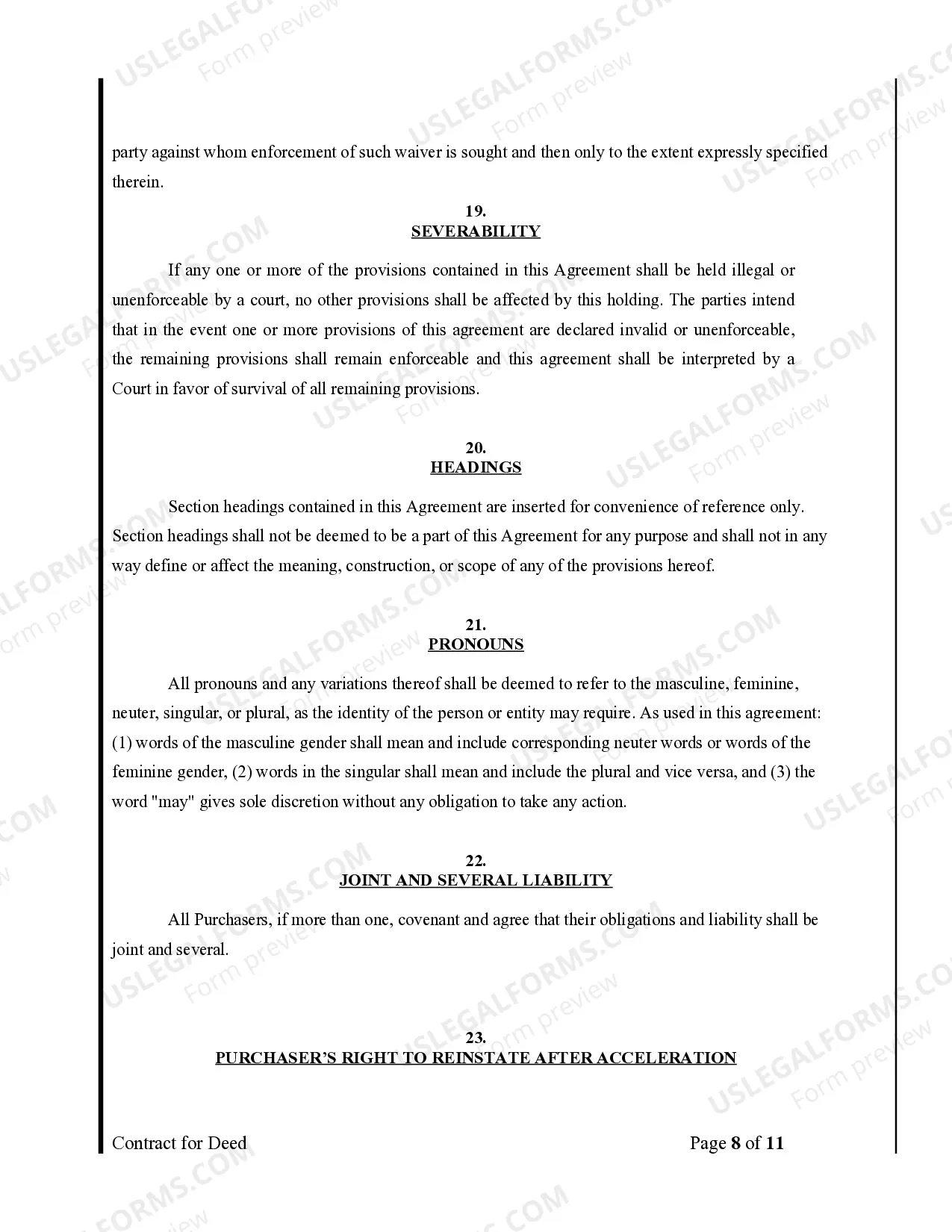 Preview Agreement or Contract for Deed for Sale and Purchase of Real Estate a/k/a Land or Executory Contract