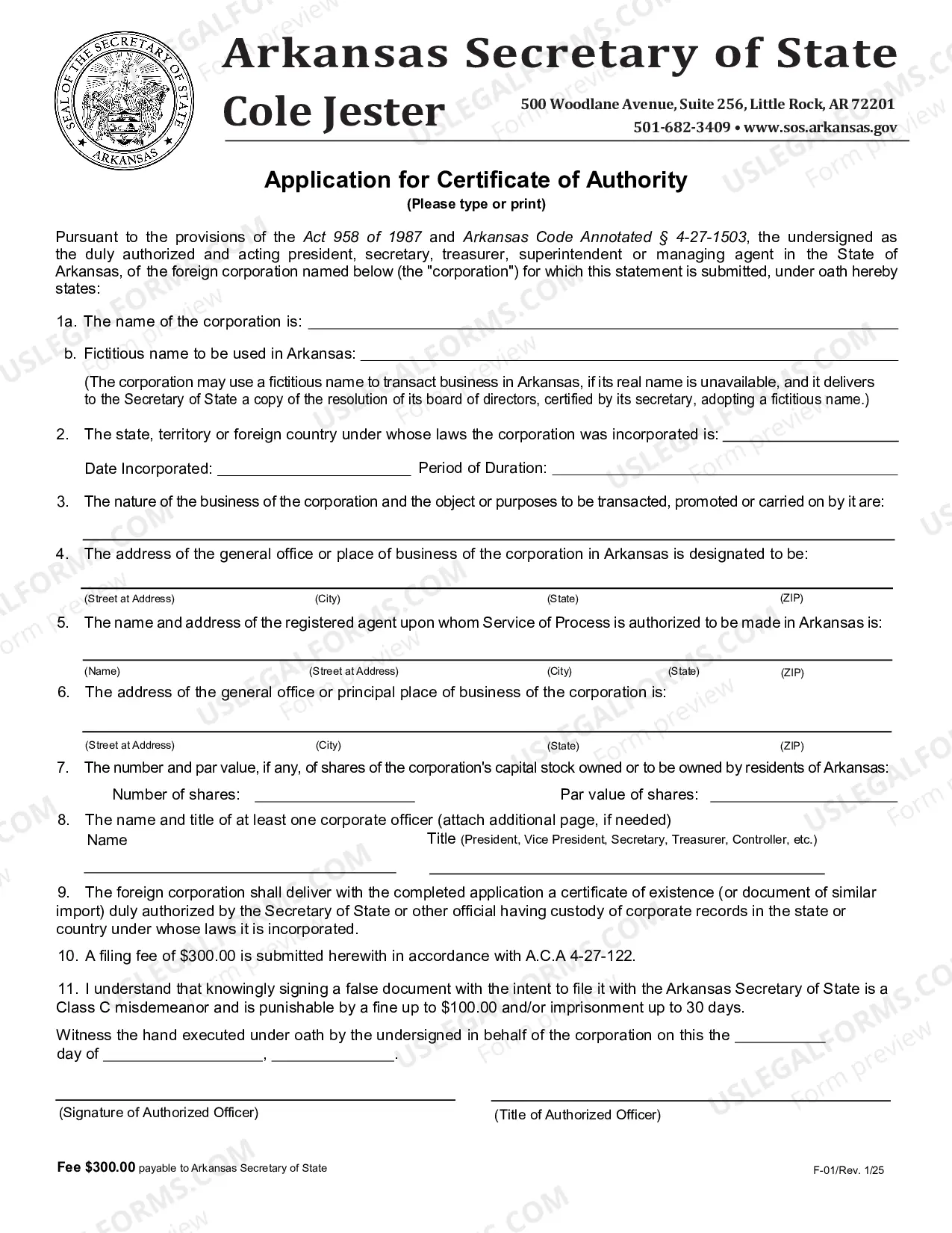 Preview Arkansas Registration of Foreign Corporation