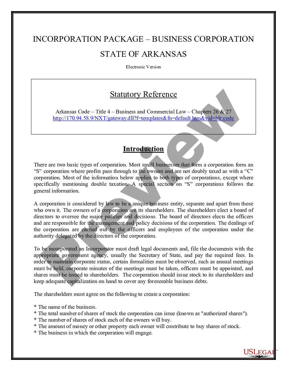 page 1 Arkansas Business Incorporation Package to Incorporate Corporation preview
