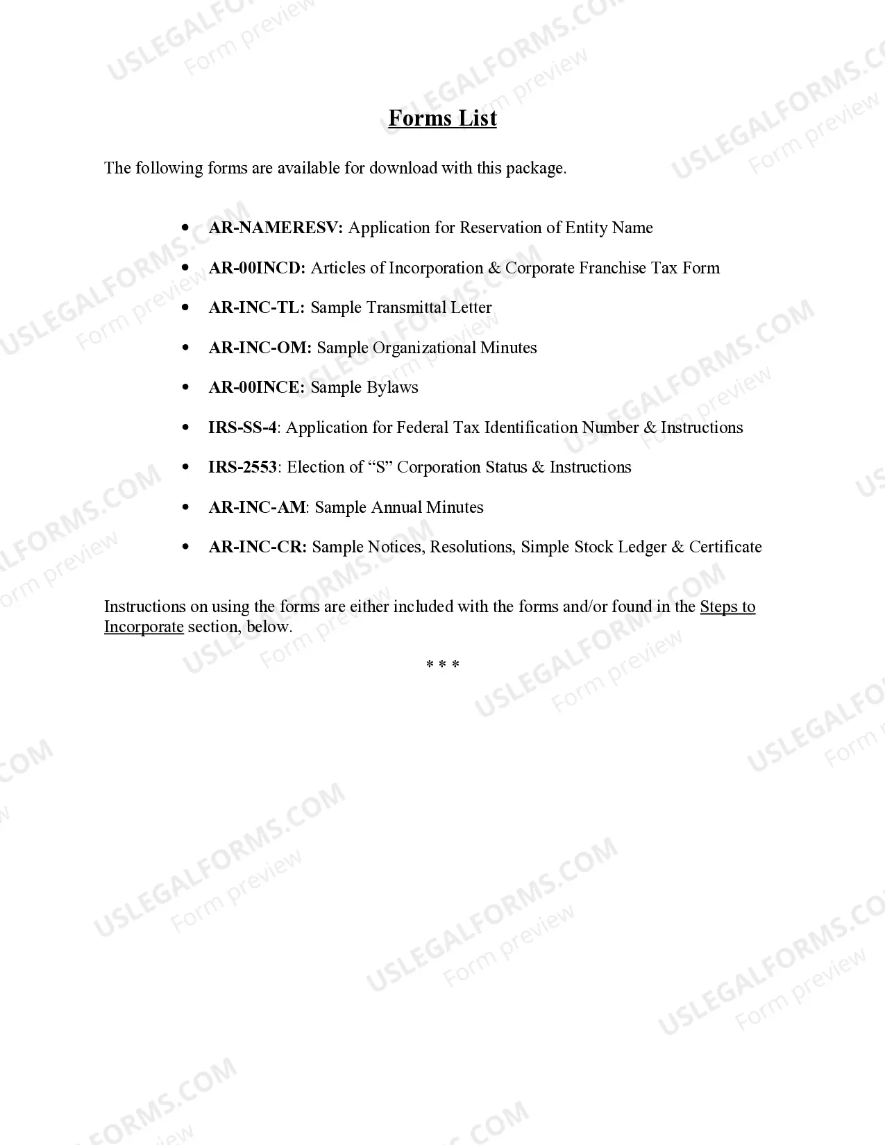 Preview Arkansas Business Incorporation Package to Incorporate Corporation