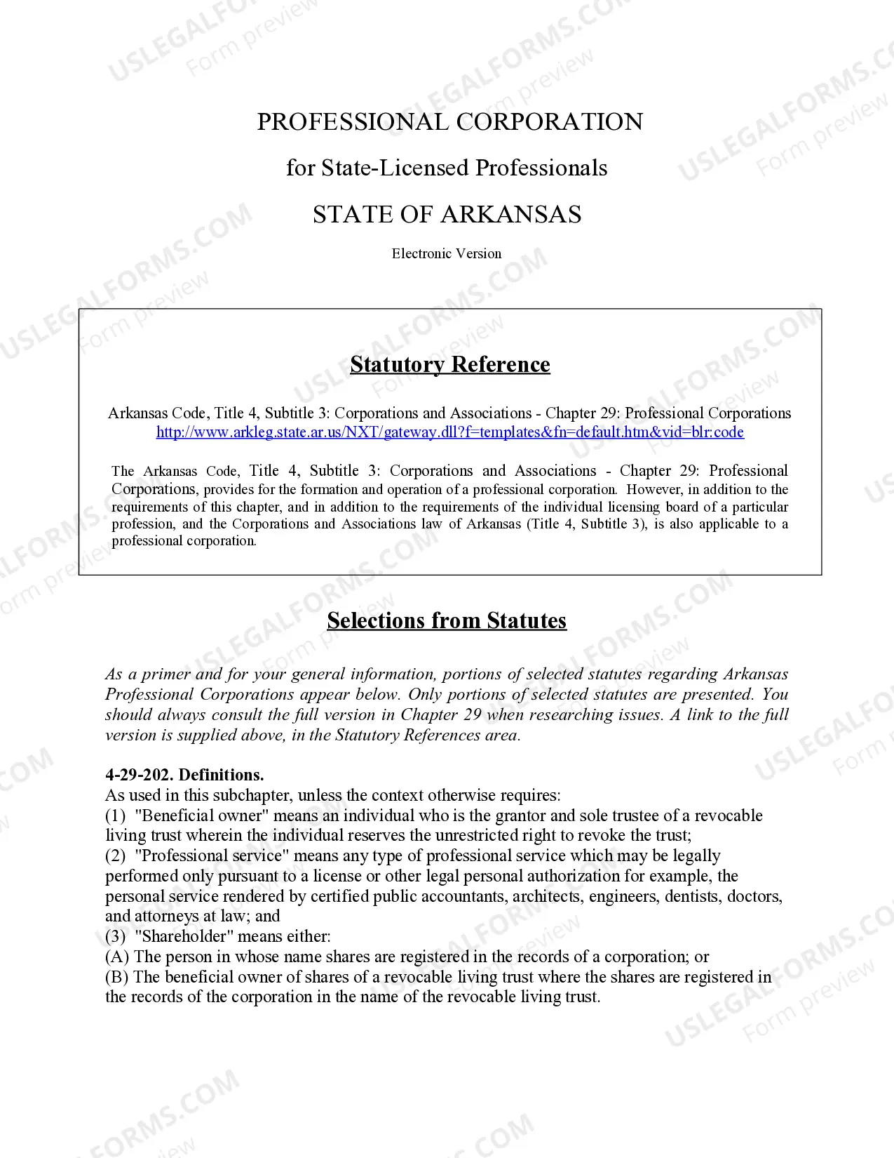 Preview Arkansas Professional Corporation Package for Arkansas