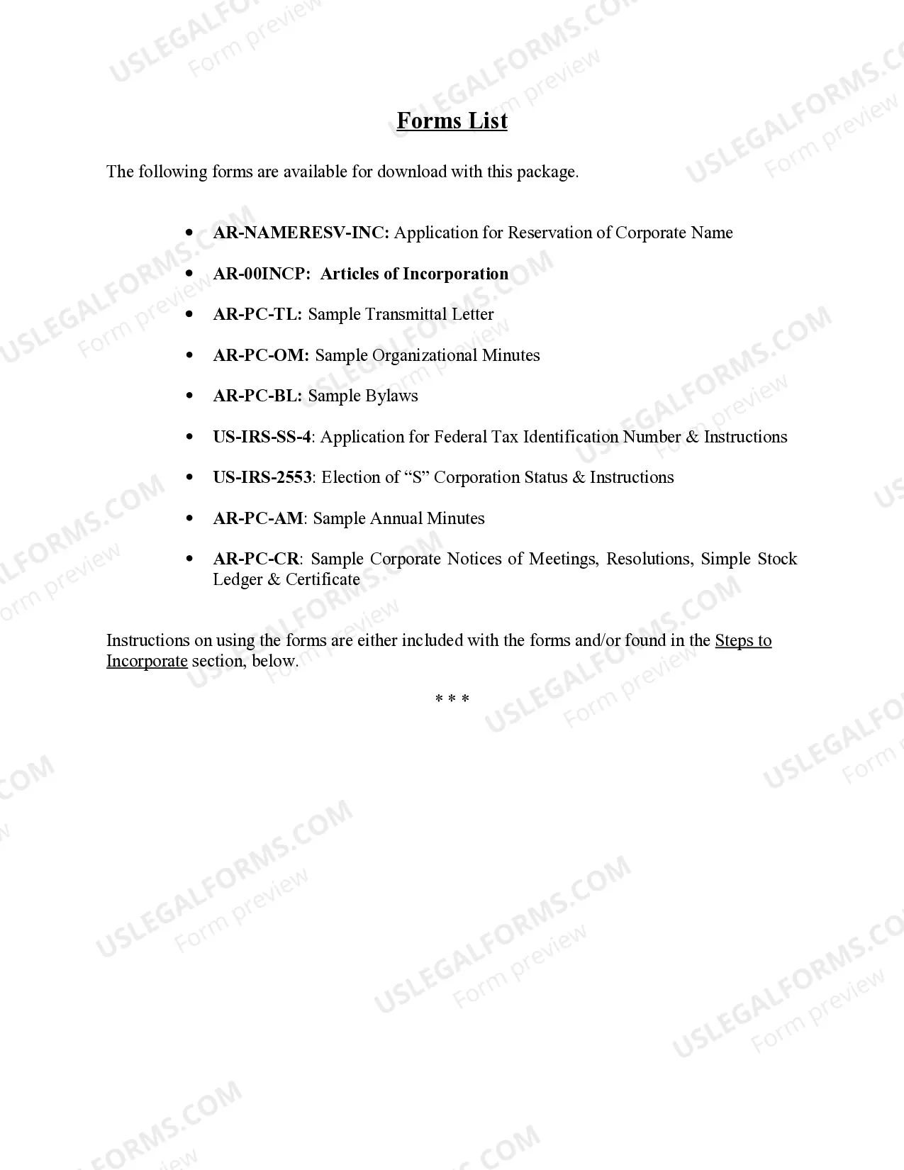 Preview Arkansas Professional Corporation Package for Arkansas