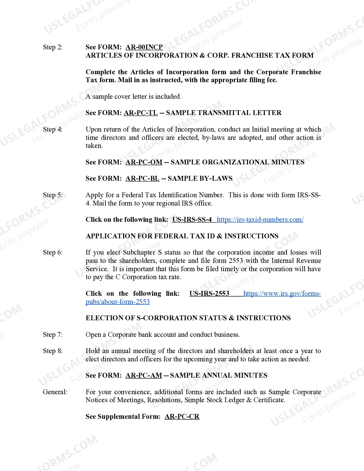 Preview Arkansas Professional Corporation Package for Arkansas