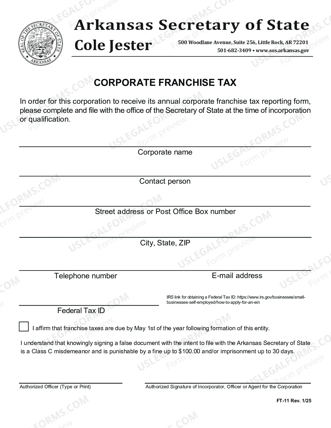 Preview Arkansas Articles of Incorporation for Domestic For-Profit Corporation