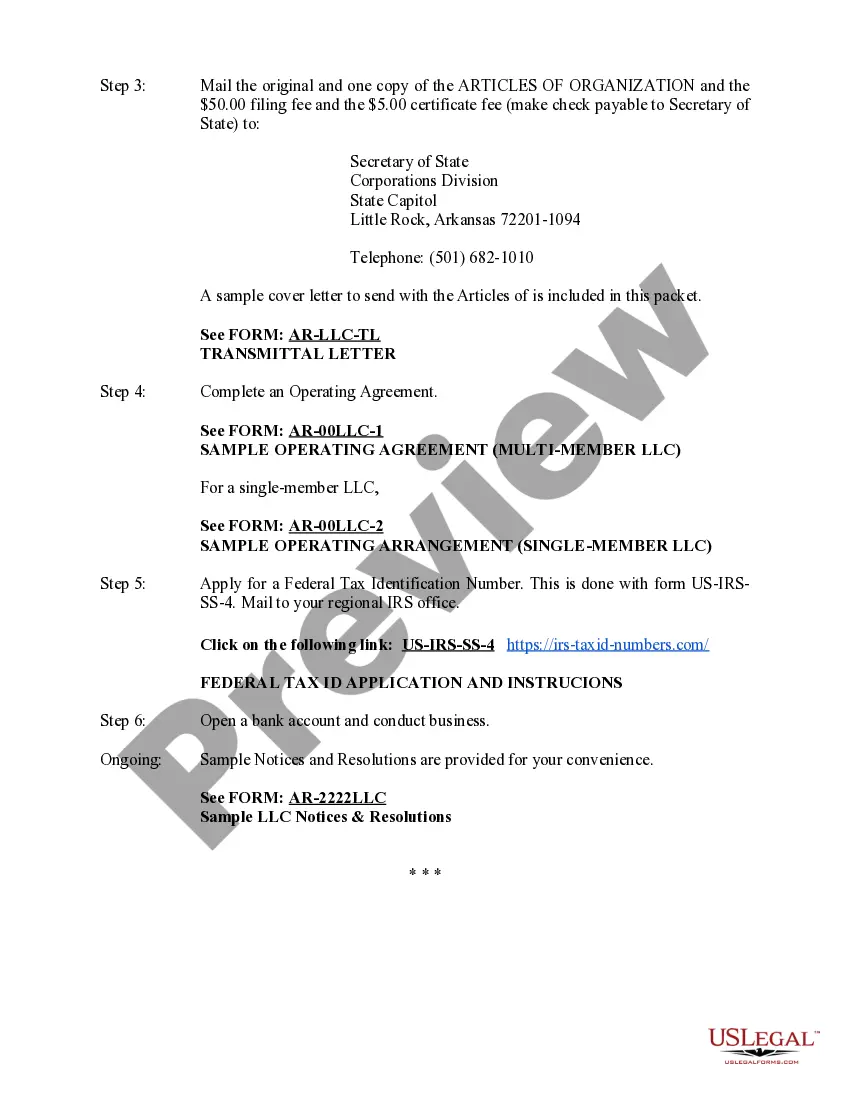 Preview Arkansas Limited Liability Company LLC Formation Package