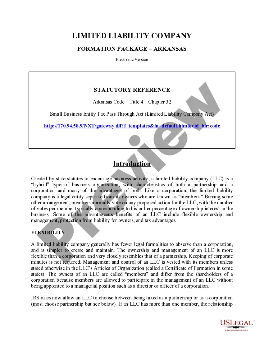 Preview Arkansas Limited Liability Company LLC Formation Package