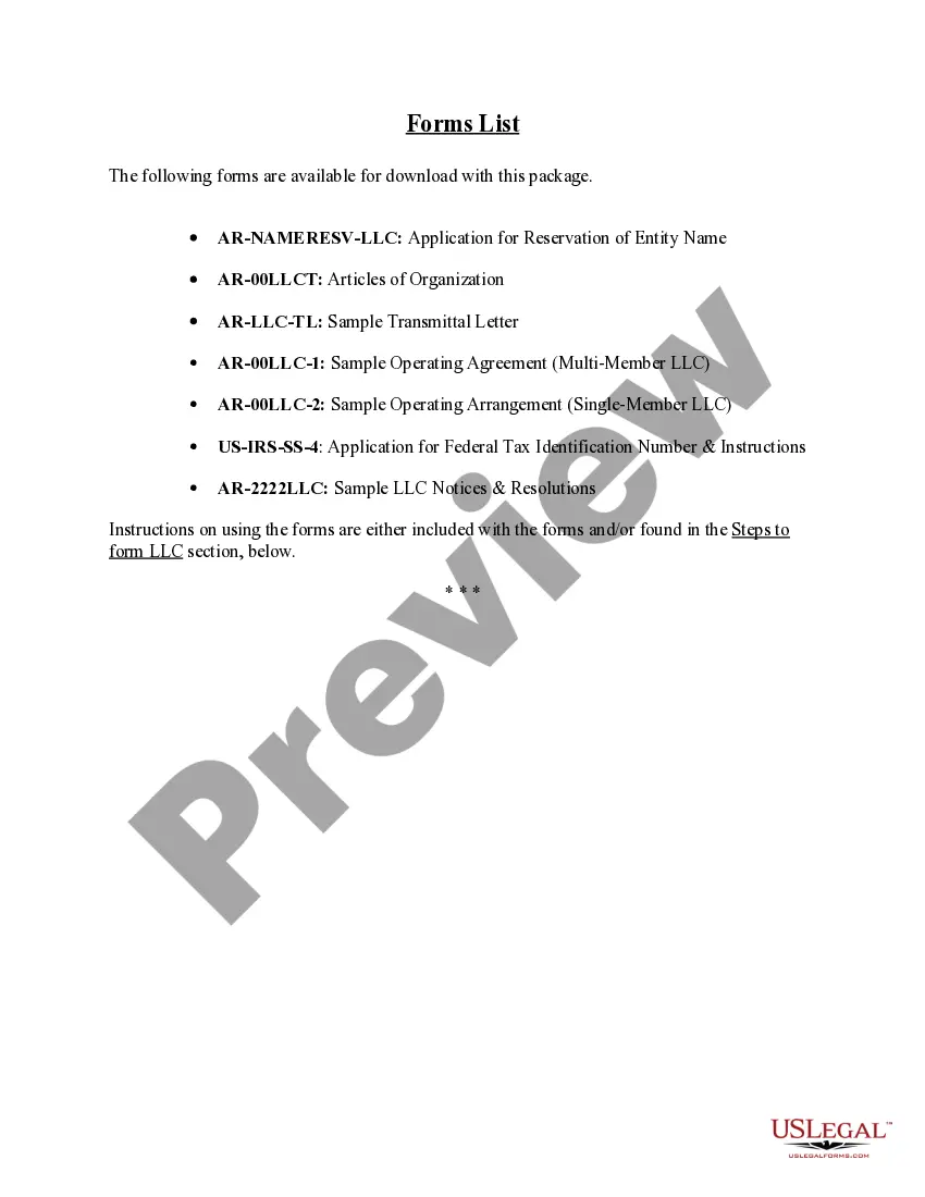 Preview Arkansas Limited Liability Company LLC Formation Package