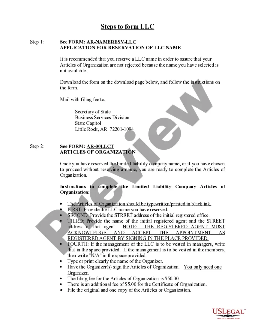 Preview Arkansas Limited Liability Company LLC Formation Package