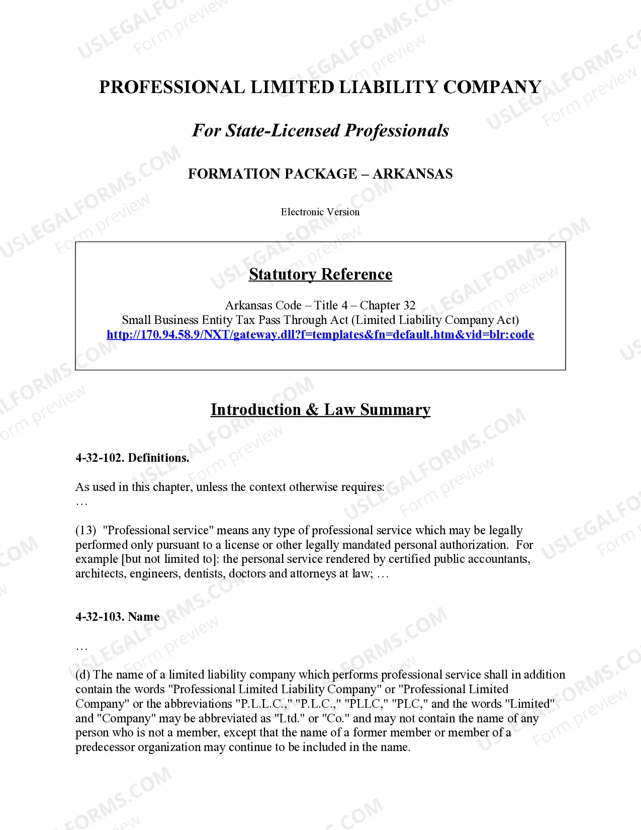 Preview Arkansas Professional Limited Liability Company PLLC Formation Package