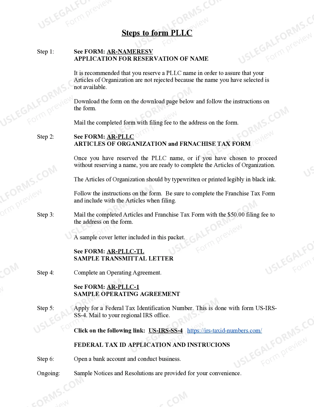 Preview Arkansas Professional Limited Liability Company PLLC Formation Package