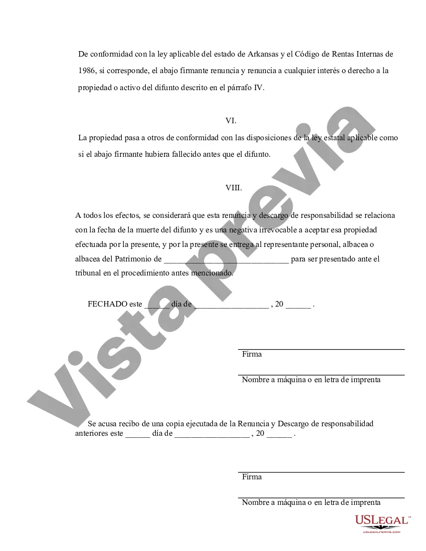 Preview Arkansas Renuncia y descargo de responsabilidad de la propiedad del testamento por testamento