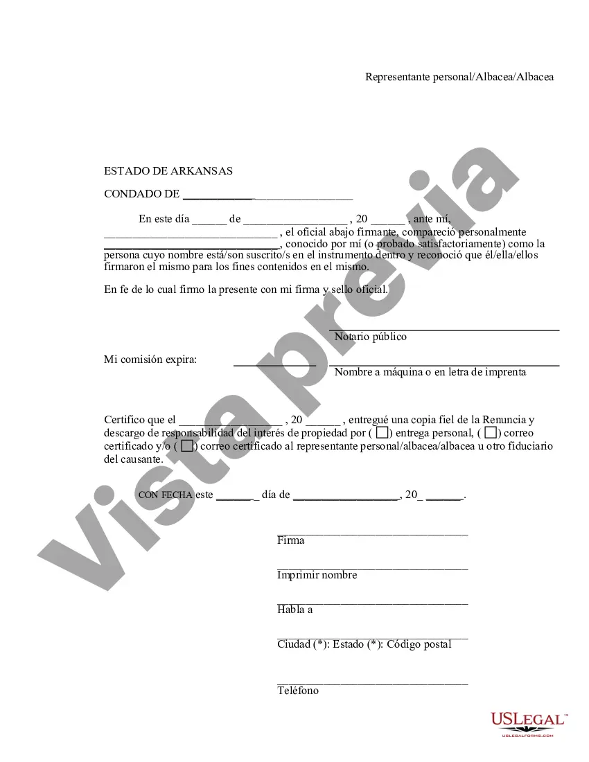 Preview Arkansas Renuncia y descargo de responsabilidad de la propiedad del testamento por testamento