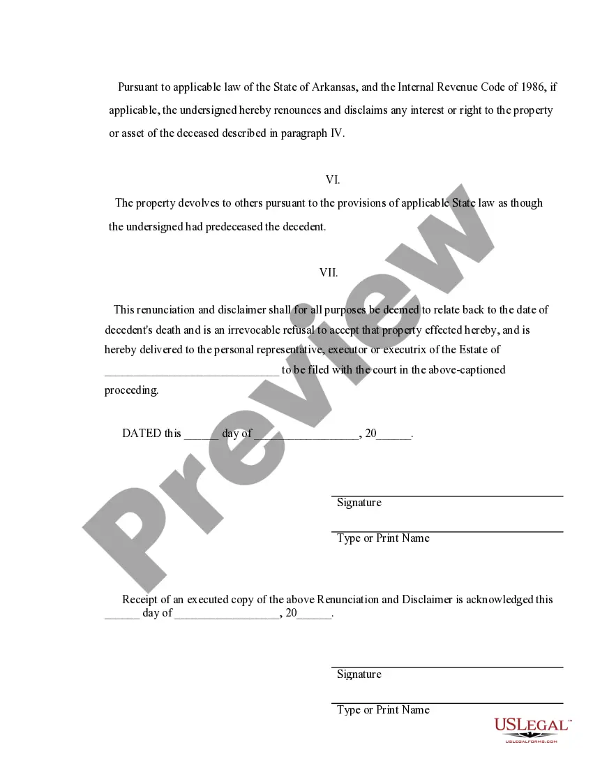 Preview Arkansas Renunciation and Disclaimer of Property from Will by Testate