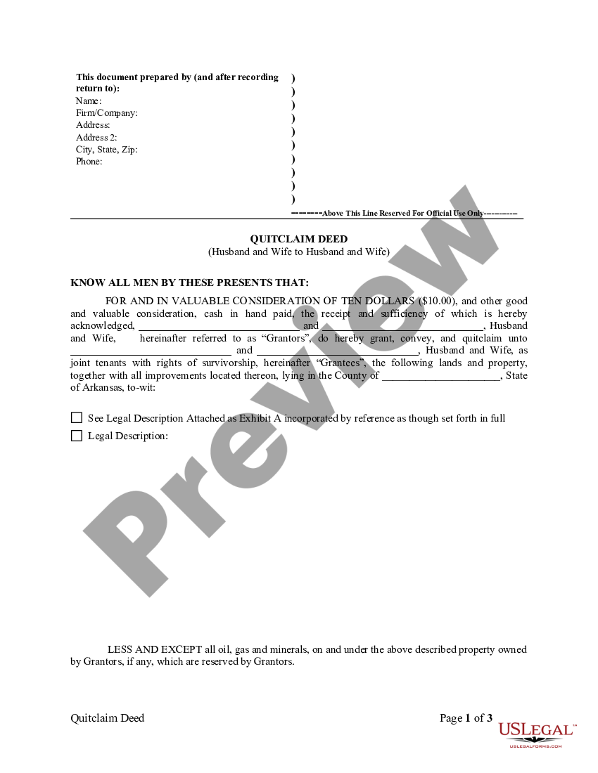 Arkansas Quitclaim Deed From Husband And Wife To Husband And Wife Arkansas Wife Us Legal Forms 3254