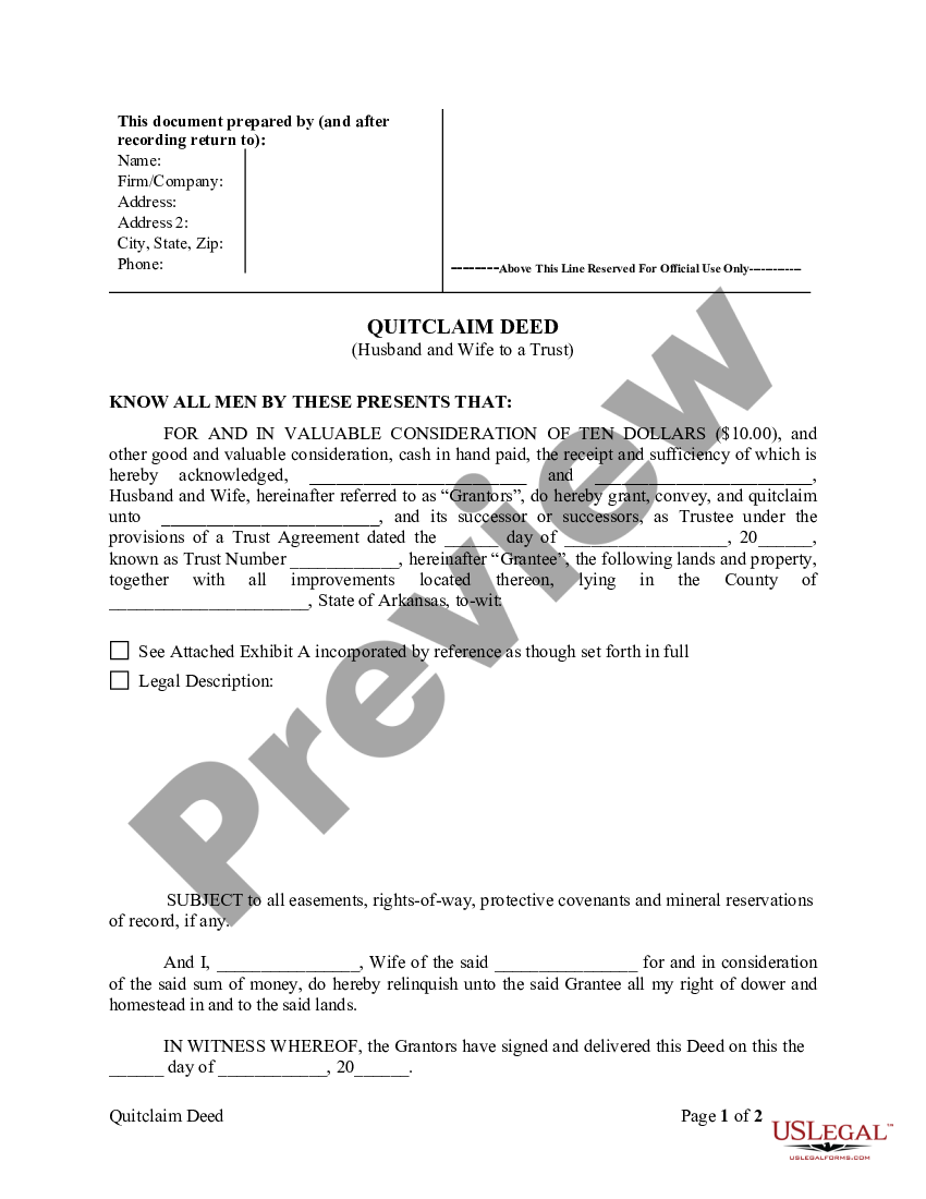 Arkansas Quitclaim Deed Husband And Wife To Trust Quitclaim Deed Arkansas Us Legal Forms 2015