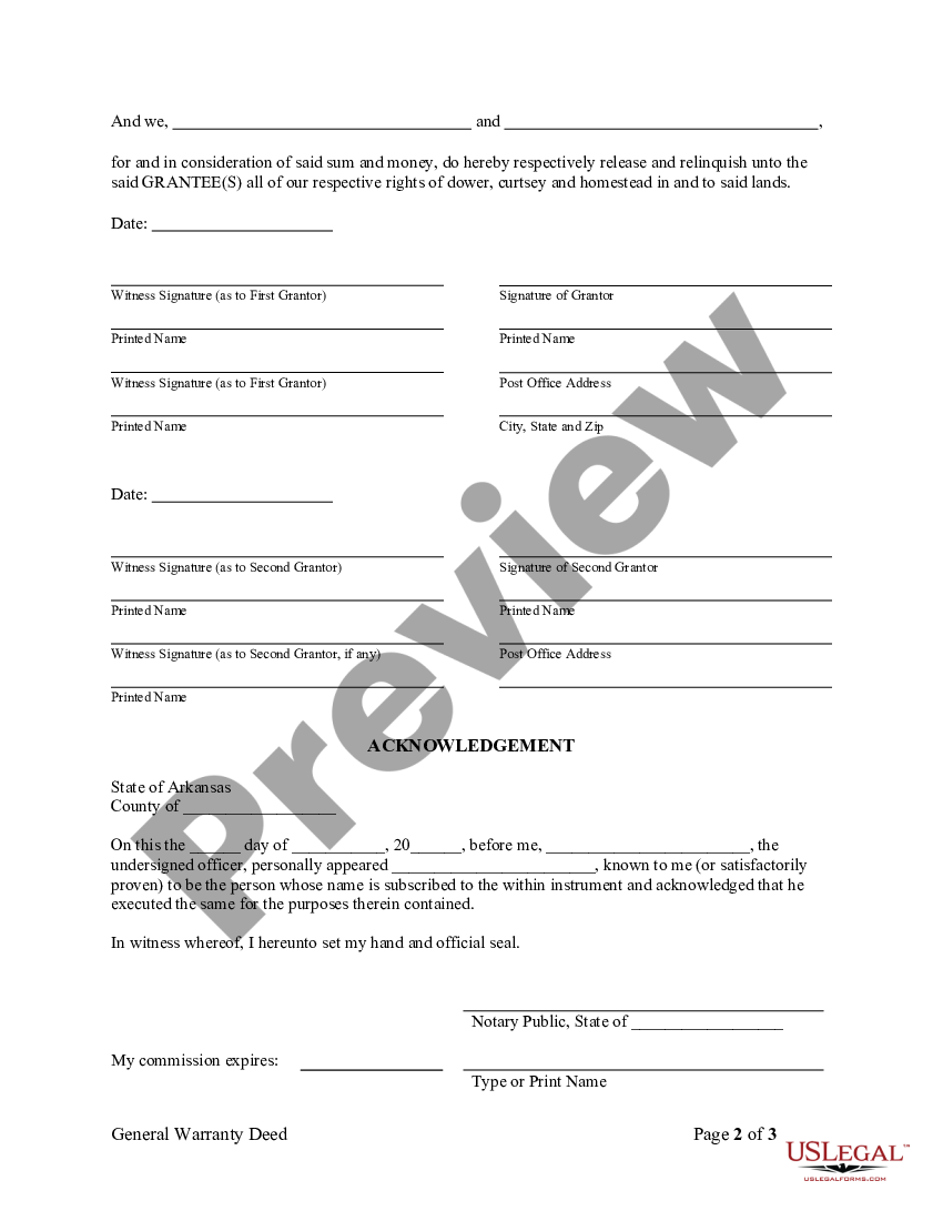 Arkansas General Warranty Deed - Husband and Wife to Individual for ...