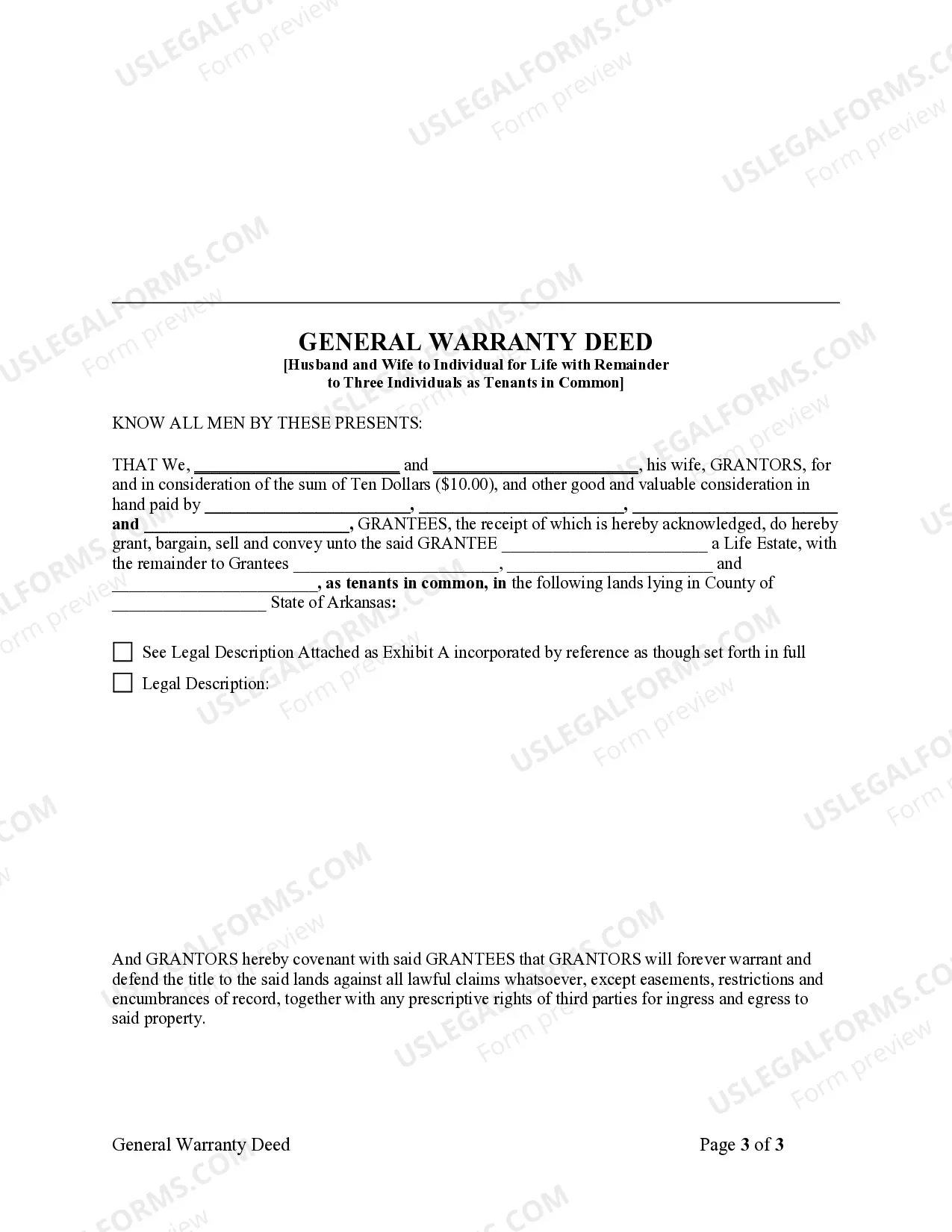 Preview General Warranty Deed - Husband and Wife to Individual for Life and Remainder to Three Individuals