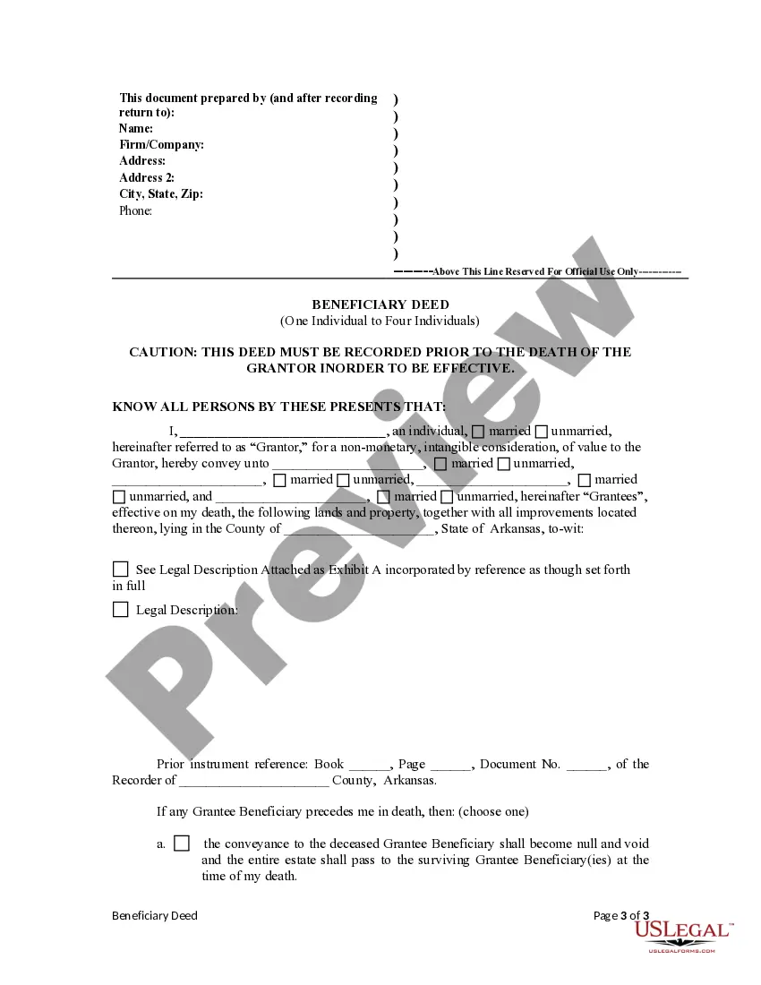 Preview Transfer on Death Deed or TOD - Beneficiary Deed for One Individual to Four Individuals