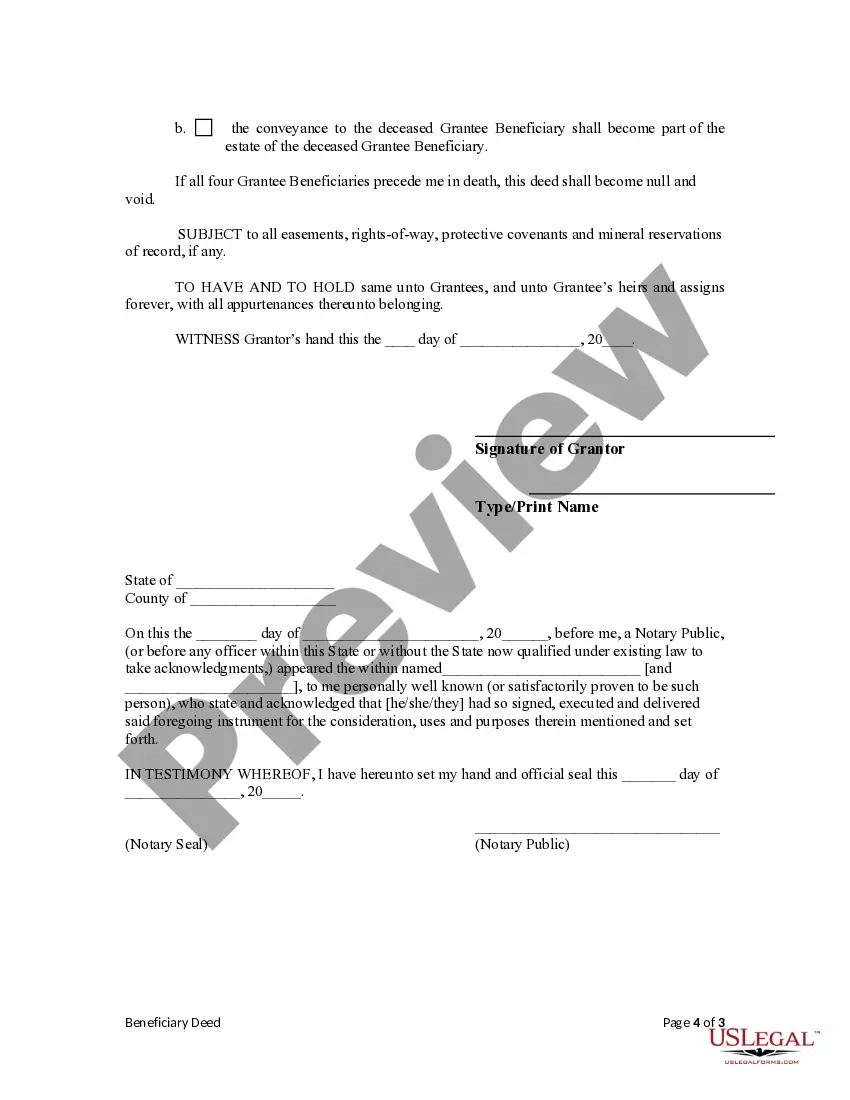 Preview Transfer on Death Deed or TOD - Beneficiary Deed for One Individual to Four Individuals