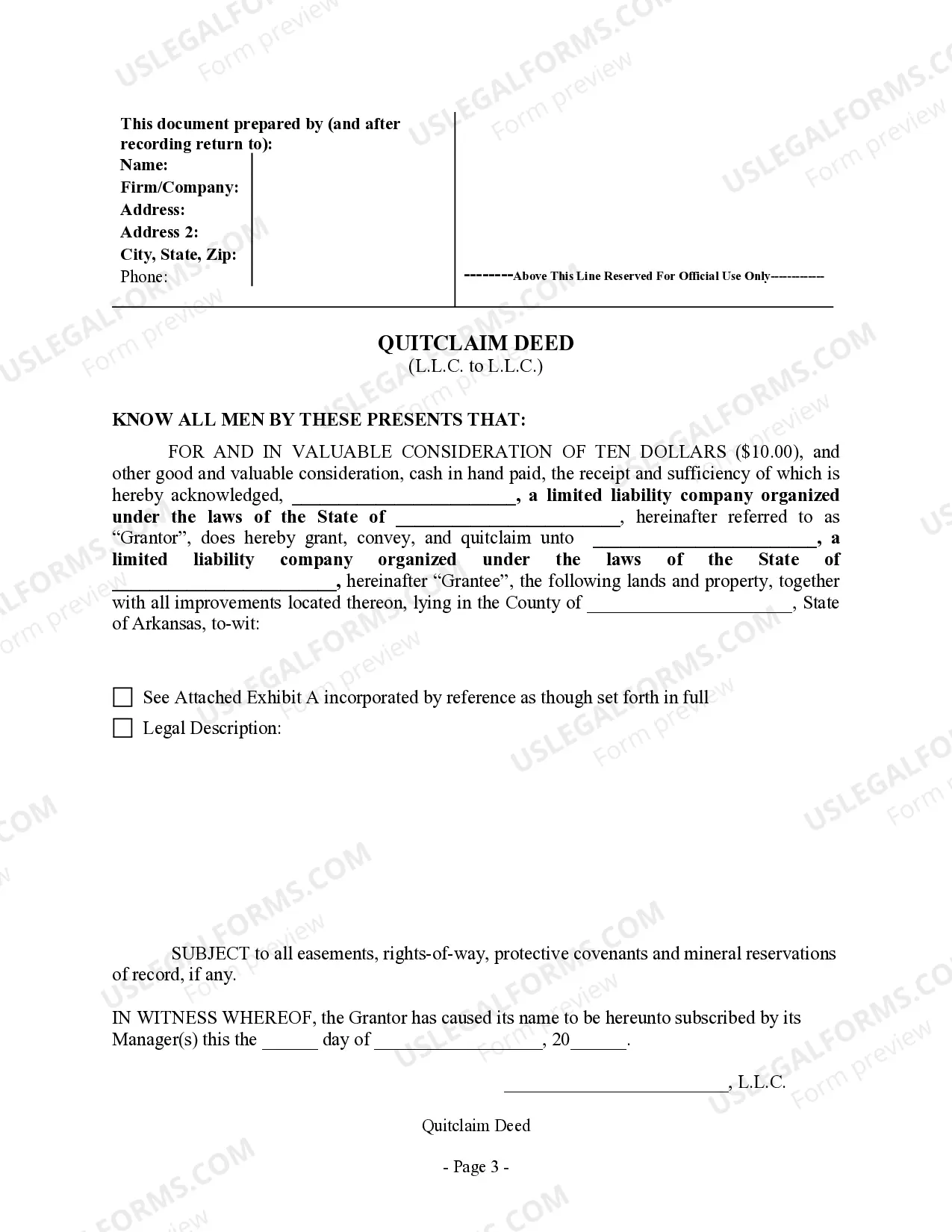 Preview Quitclaim Deed - Limited Liability Company to Limited Liability Company
