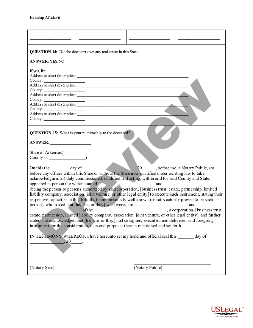 Arkansas Heirship Affidavit Descent Affidavit Of Heirship Arkansas Us Legal Forms 9676