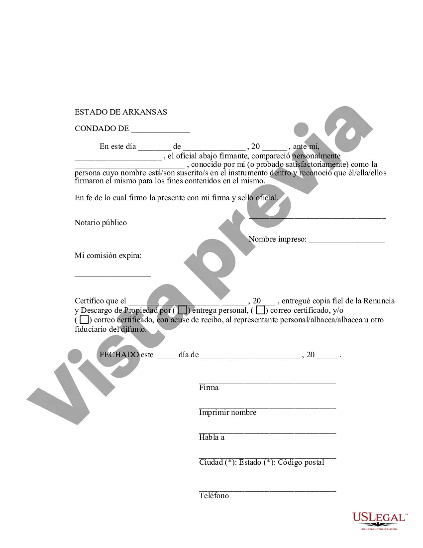 Preview Arkansas Renuncia y descargo de responsabilidad del inquilino conjunto o interés de arrendamiento