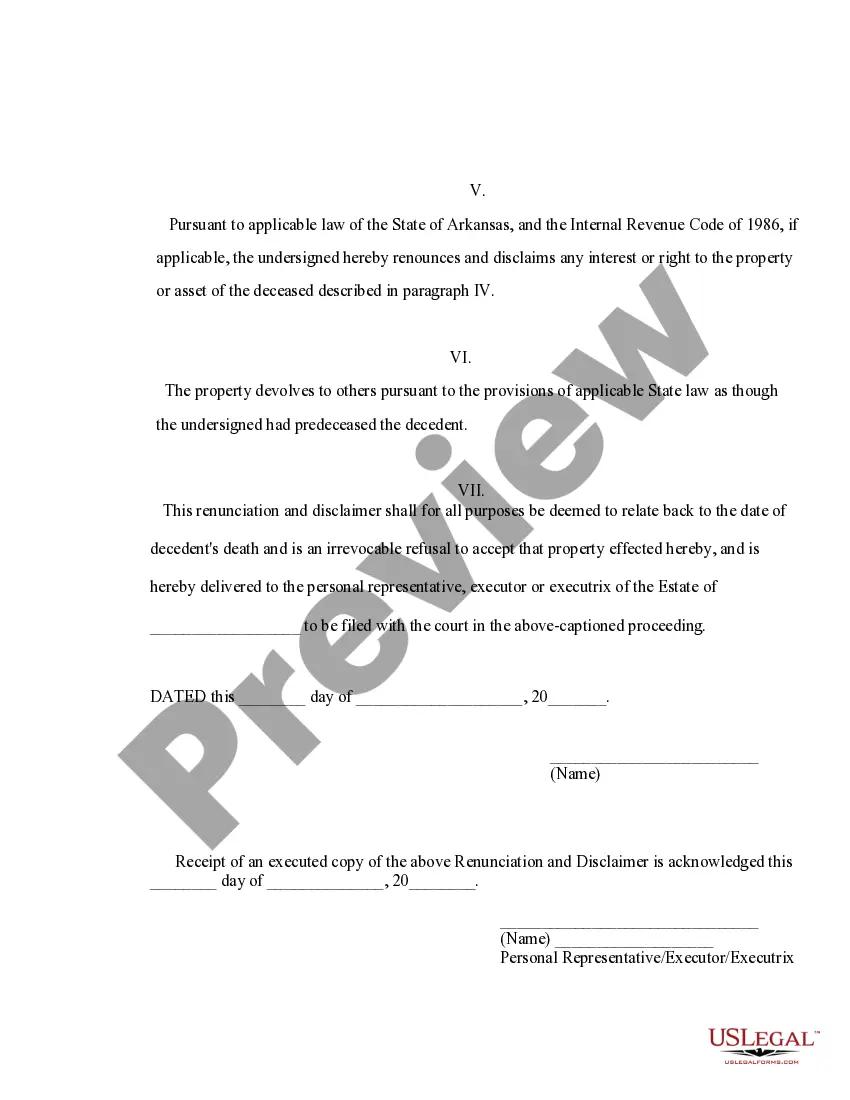 Preview Arkansas Renunciation and Disclaimer of Joint Tenant or Tenancy Interest