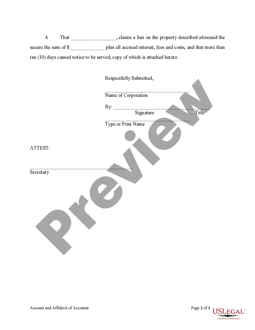 Preview Account and Affidavit of Accounts Claiming Materialman or Labor Lien for Architect by Corporation