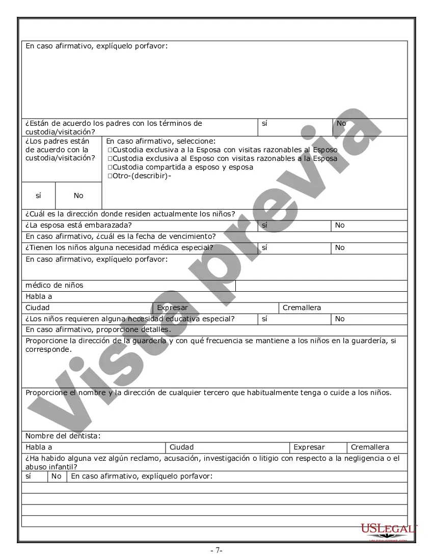 Preview Hoja de trabajo de divorcio y resumen de la ley para casos disputados o no disputados de más de 25 páginas - Formulario de entrevista de cliente ideal