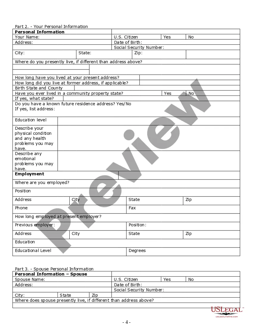Preview Divorce Worksheet and Law Summary for Contested or Uncontested Case of over 25 pages - Ideal Client Interview Form