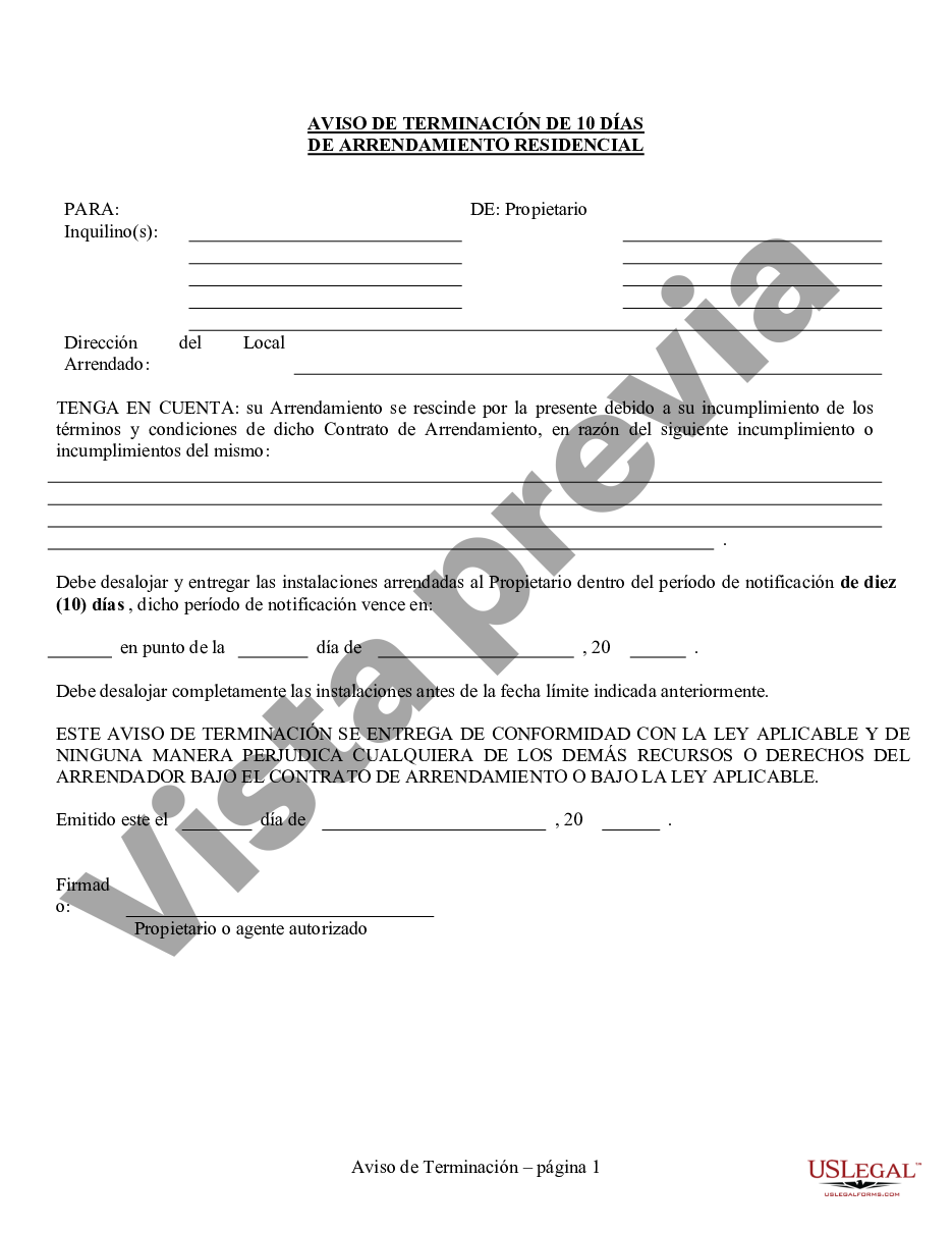 Arkansas Aviso de 10 días de rescisión del contrato de arrendamiento ...