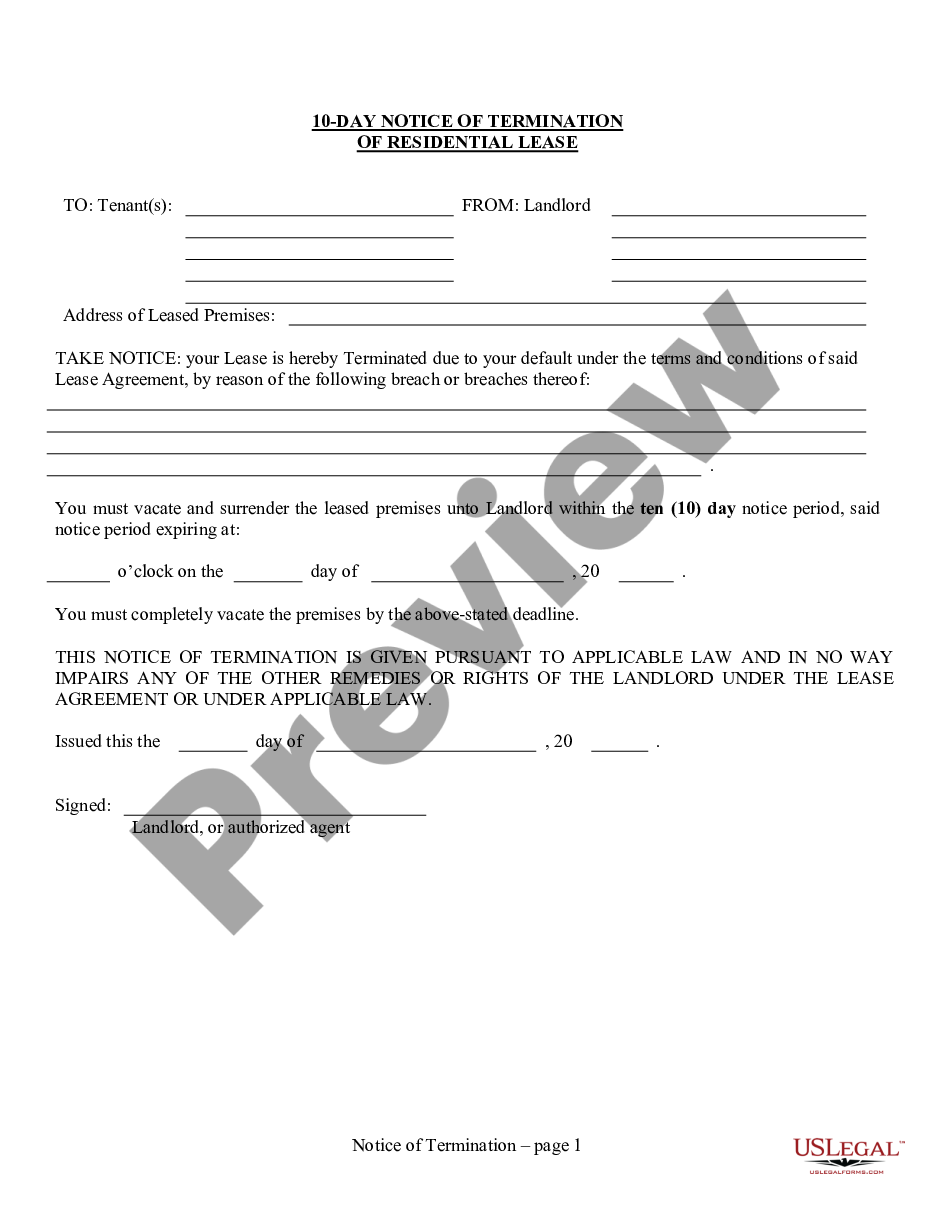 Arkansas 10 Day Notice of Termination of Lease Nonresidential 10