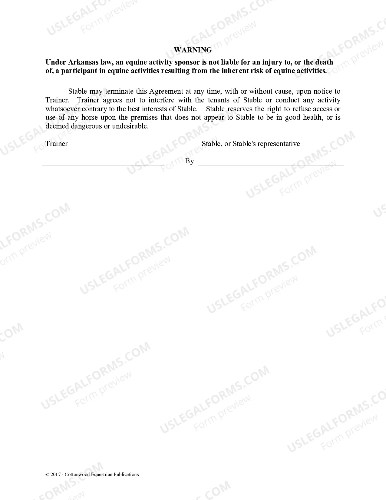 Preview Trainer's Facility Use Agreement - Horse Equine Forms