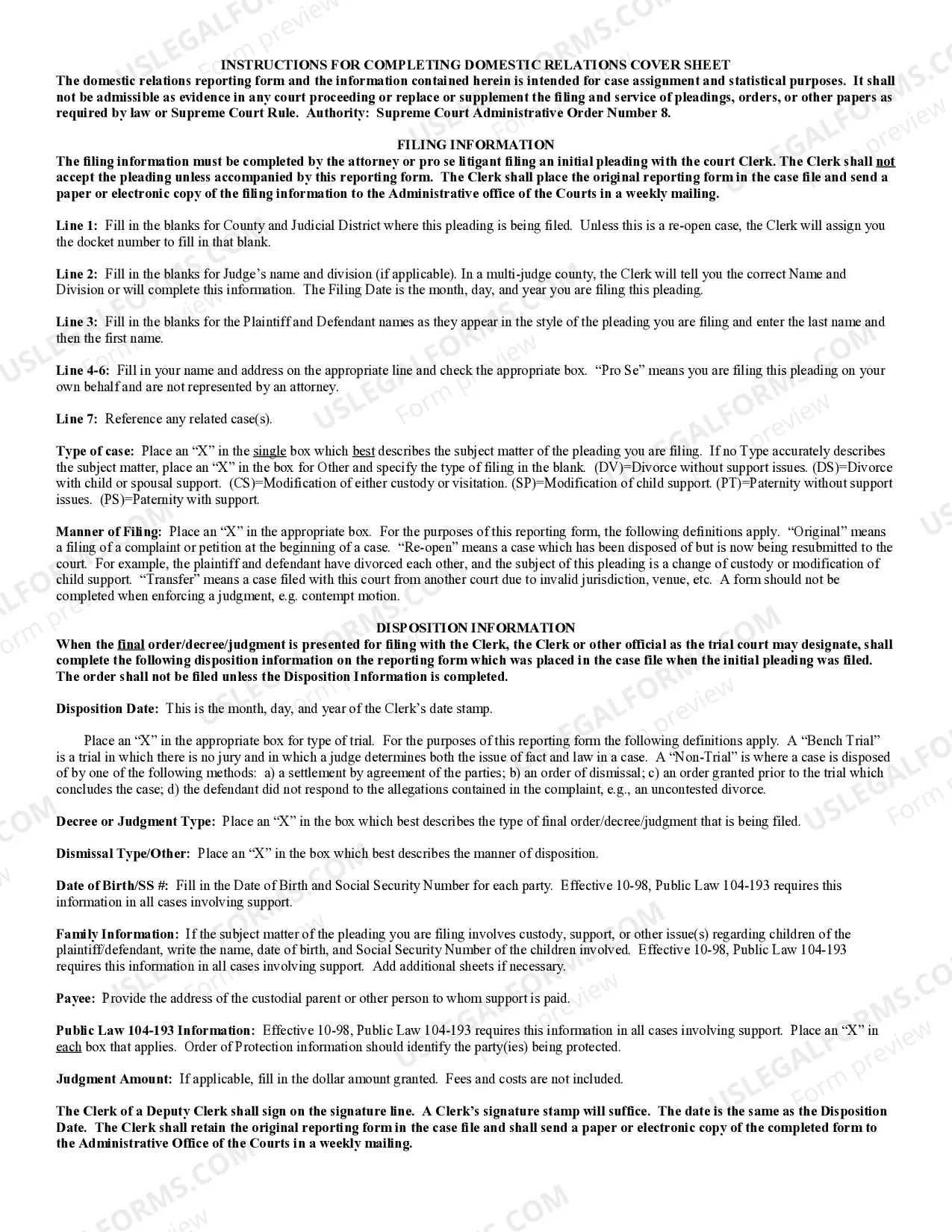 Preview Civil Cover Sheet with Instructions - with or without children
