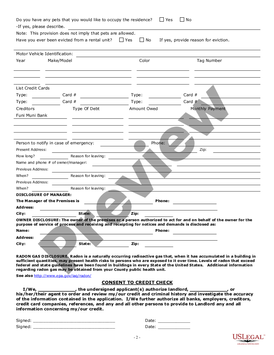 Arkansas Residential Rental Lease Application - Arkansas Rental