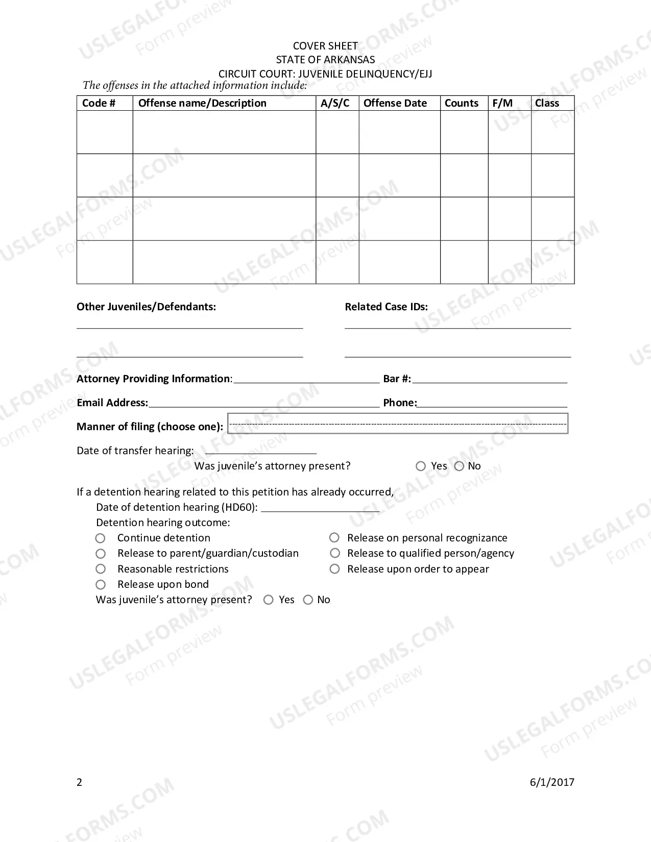Preview Circuit Court - Juvenile Division - Delinquency Cover Sheet
