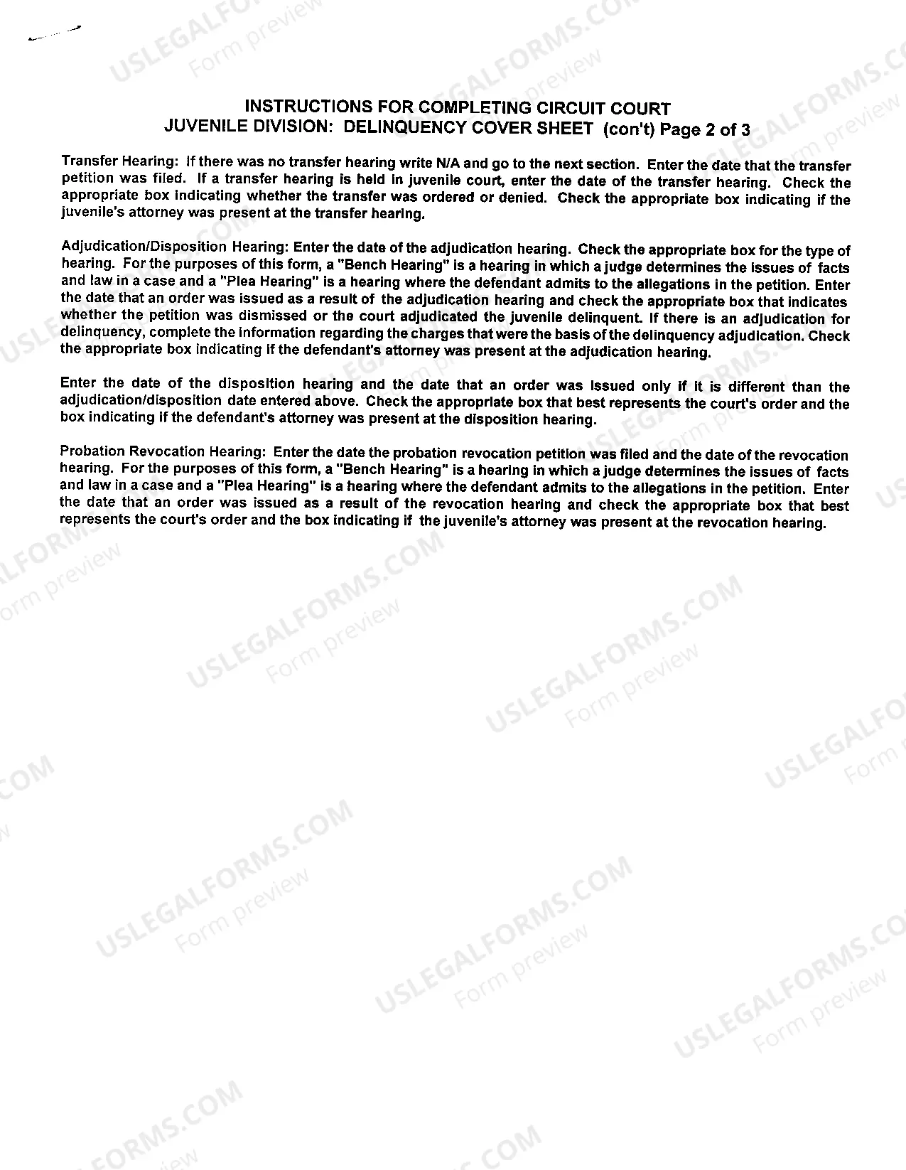 Preview Instructions for Completing Circuit Court - Juvenile Division - Delinquency Cover Sheet