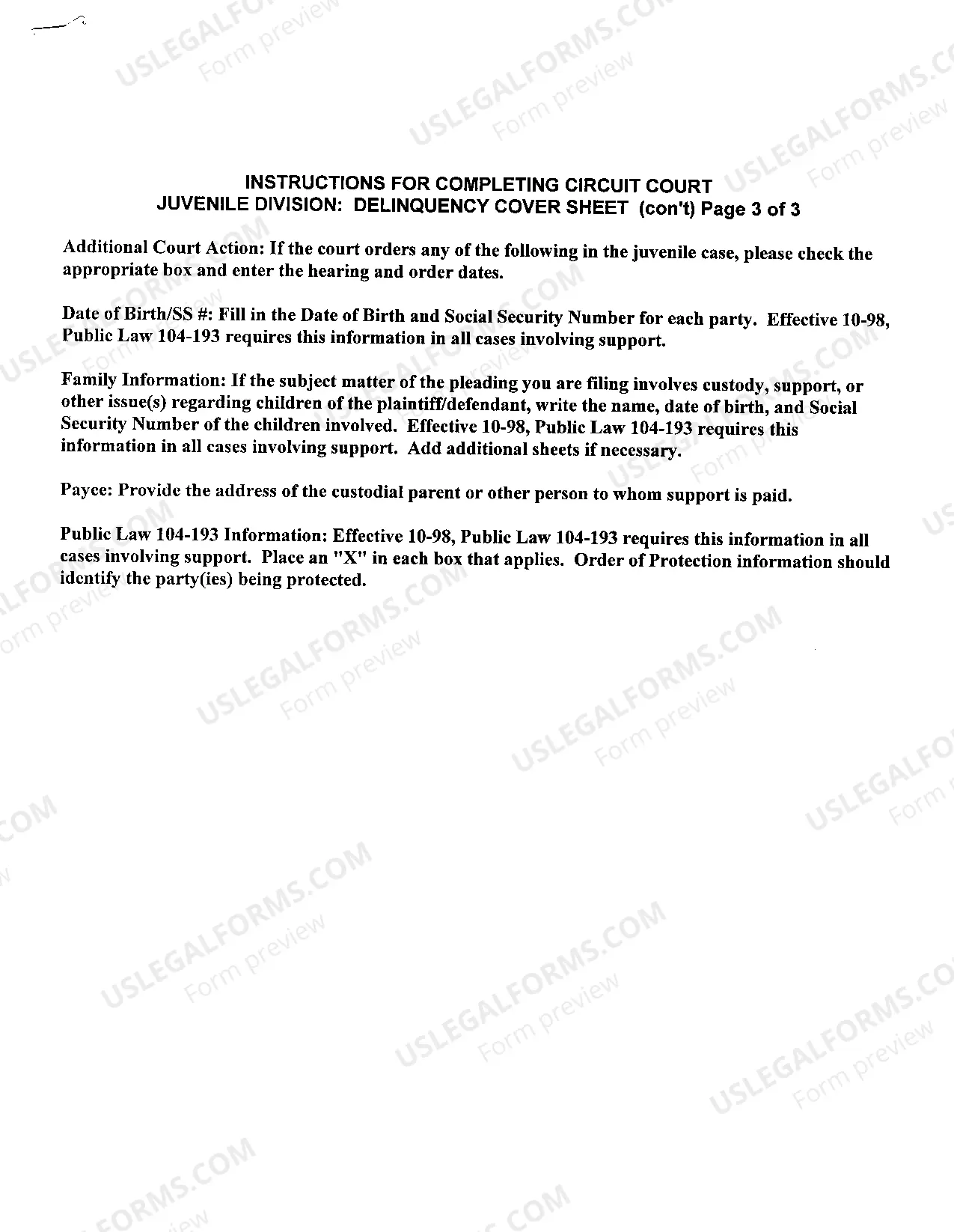 Preview Instructions for Completing Circuit Court - Juvenile Division - Delinquency Cover Sheet