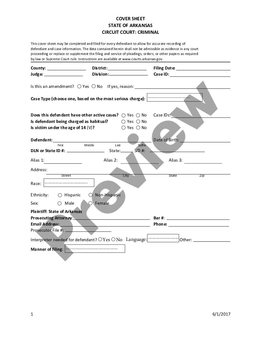 Little Rock Arkansas Criminal Cover Sheet And Information Us Legal Forms 5782