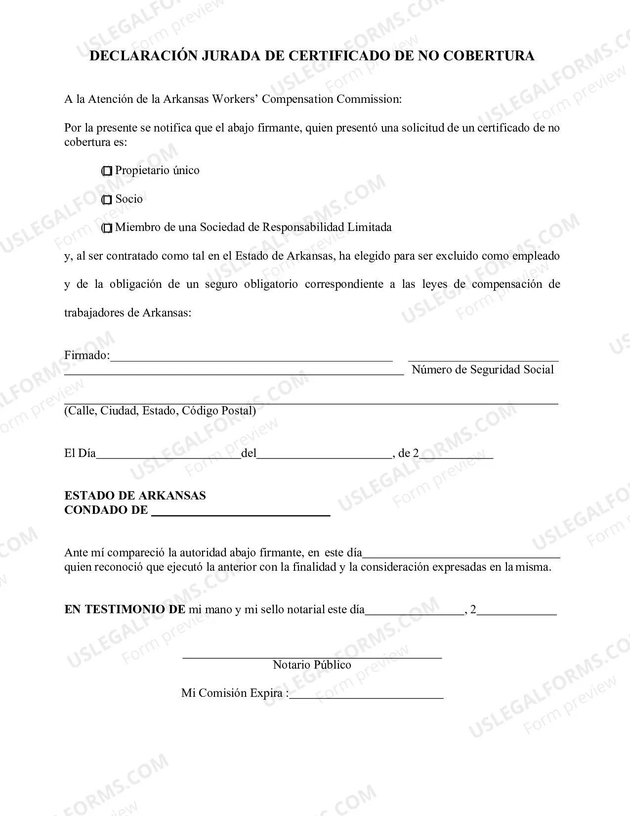 Preview Application for Certificate of Non-Coverage (2-Sided) Required Notary Statement