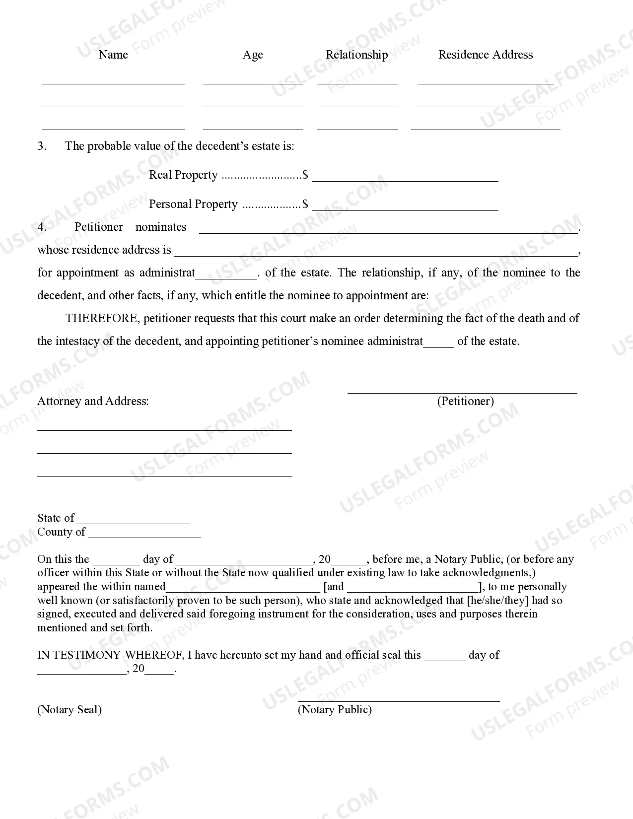 Preview Petition for Appointment of Administrator